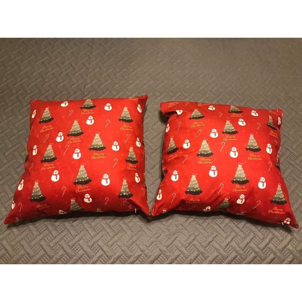 2 Snowman Pillows Winter Scene Merry Christmas 18x18” Stuffed & Zippered Soft